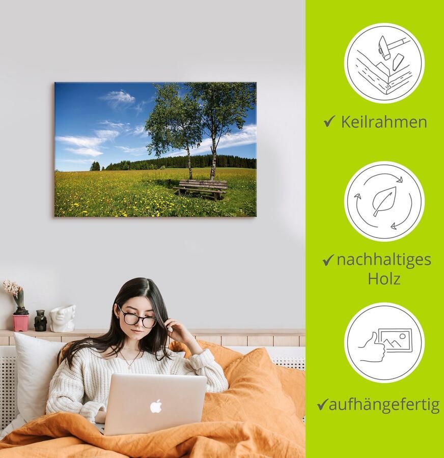Artland Artprint Eenzame bank op een paardebloemweide als artprint op linnen poster in verschillende formaten maten - Foto 2