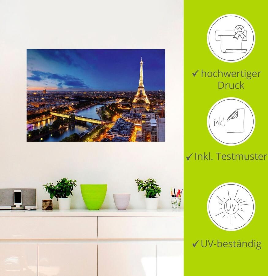 Artland Artprint Eiffeltoren en Seine s avonds Parijs als artprint van aluminium artprint voor buiten artprint op linnen poster muursticker - Foto 3
