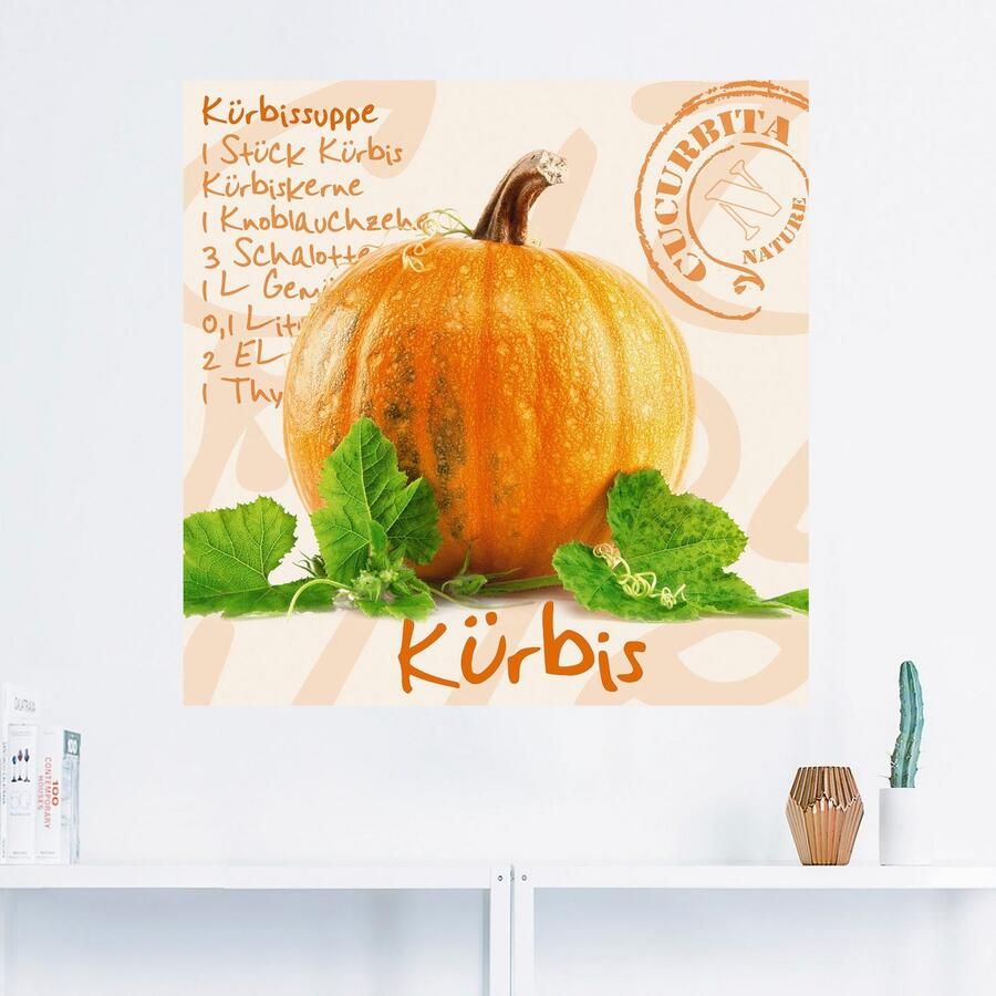 Artland Artprint Gele pompoen met groene bladeren als poster muursticker in verschillende maten - Foto 2