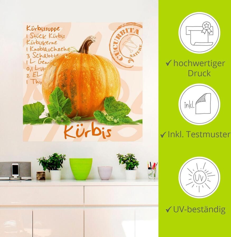 Artland Artprint Gele pompoen met groene bladeren als poster muursticker in verschillende maten - Foto 3