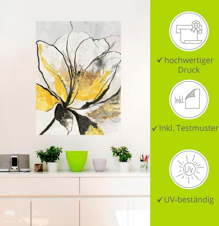 Artland Artprint Geschetst bloemdessin I gele versie als artprint van aluminium artprint voor buiten artprint op linnen poster muursticker - Foto 2