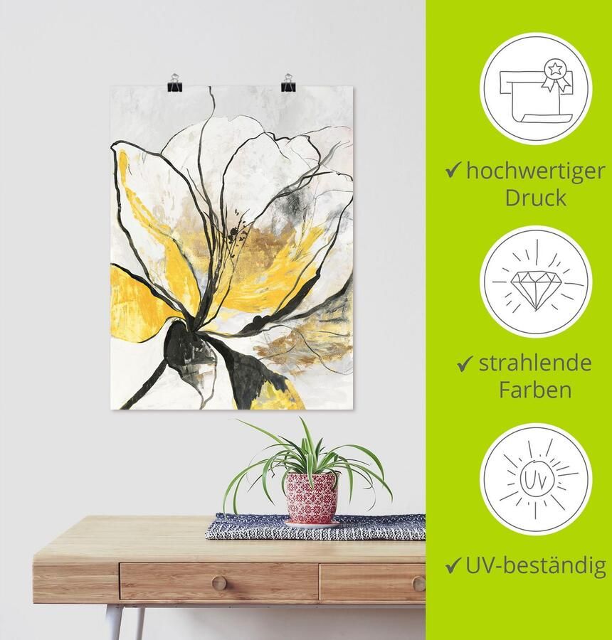 Artland Artprint Geschetst bloemdessin I gele versie als artprint van aluminium artprint voor buiten artprint op linnen poster muursticker - Foto 3
