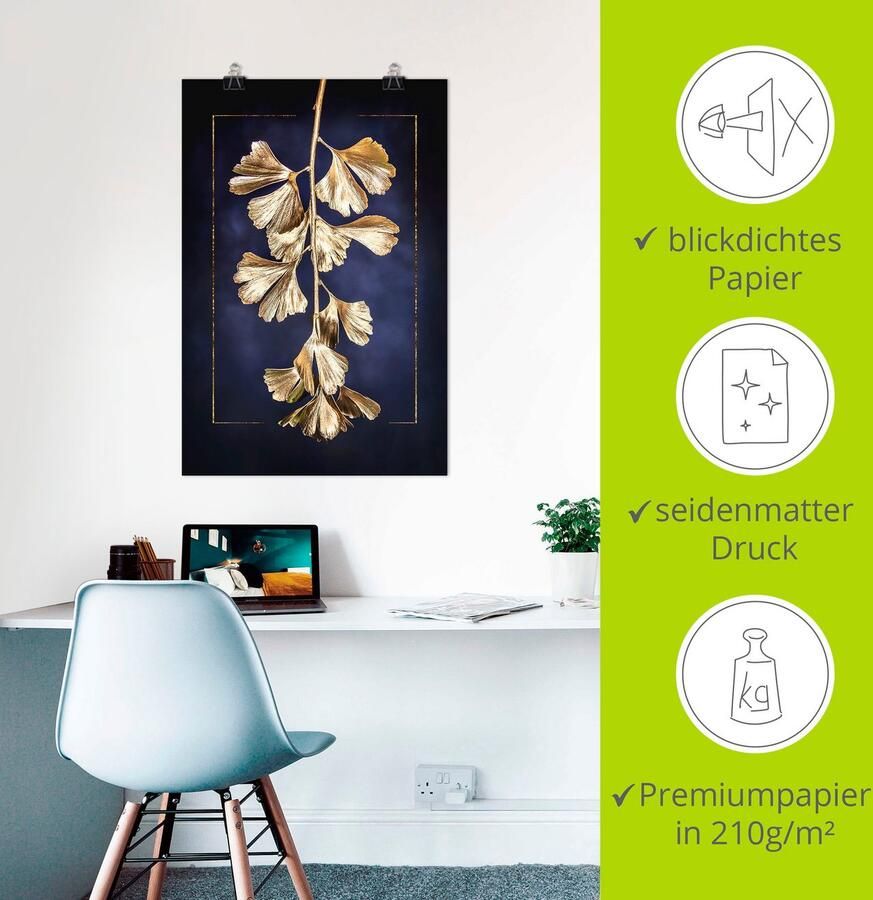 Artland Artprint Goudkleurige gingko als artprint op linnen poster in verschillende formaten maten - Foto 3