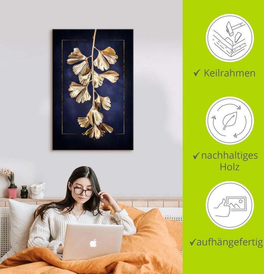 Artland Artprint Goudkleurige gingko als artprint op linnen poster in verschillende formaten maten - Foto 2