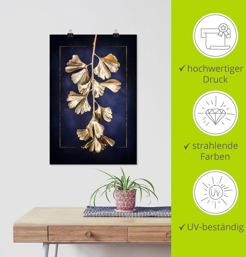 Artland Artprint Goudkleurige gingko als artprint op linnen poster in verschillende formaten maten - Foto 4
