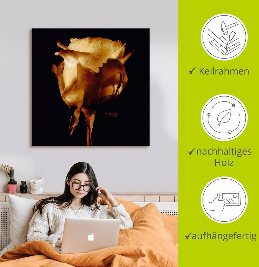 Artland Artprint Goudkleurige roos als artprint op linnen poster in verschillende formaten maten