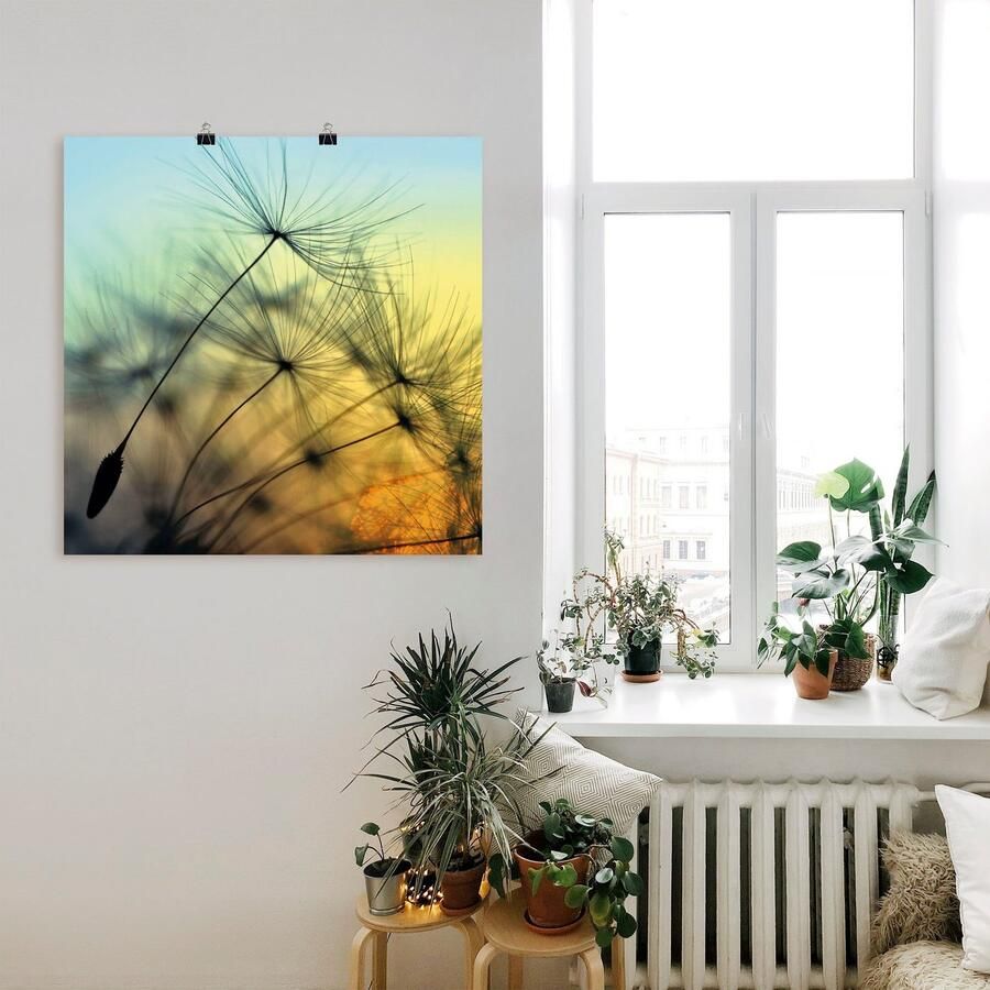 Artland Artprint Goudkleurige zonsondergang en paardenbloemen als artprint van aluminium artprint voor buiten artprint op linnen poster muursticker