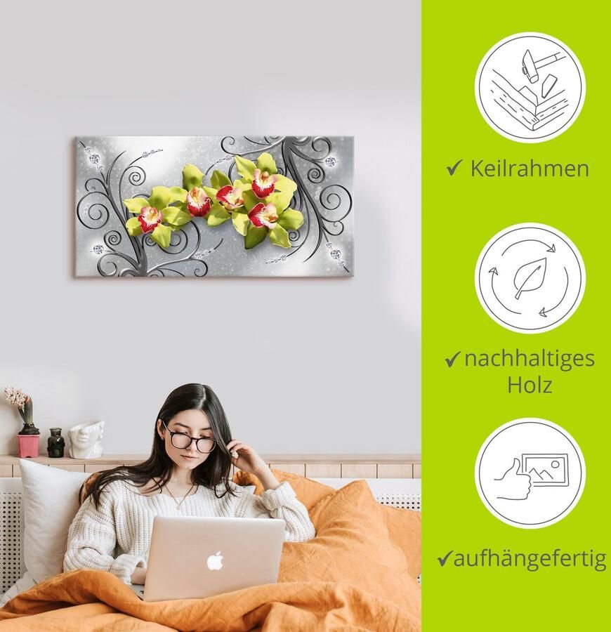 Artland Artprint Groene orchideeën op ornamenten als artprint van aluminium artprint voor buiten artprint op linnen poster muursticker - Foto 2
