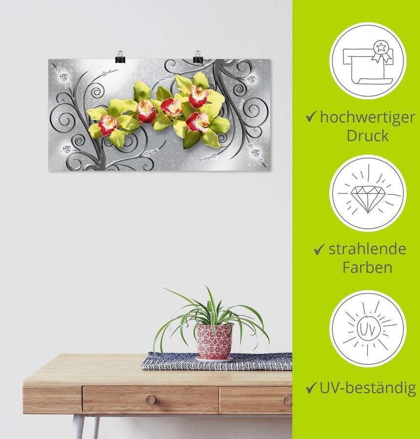 Artland Artprint Groene orchideeën op ornamenten als artprint van aluminium artprint voor buiten artprint op linnen poster muursticker - Foto 3