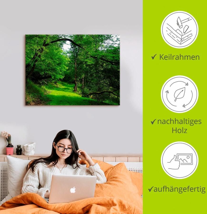 Artland Artprint Groene weg door het bos als artprint op linnen poster in verschillende formaten maten
