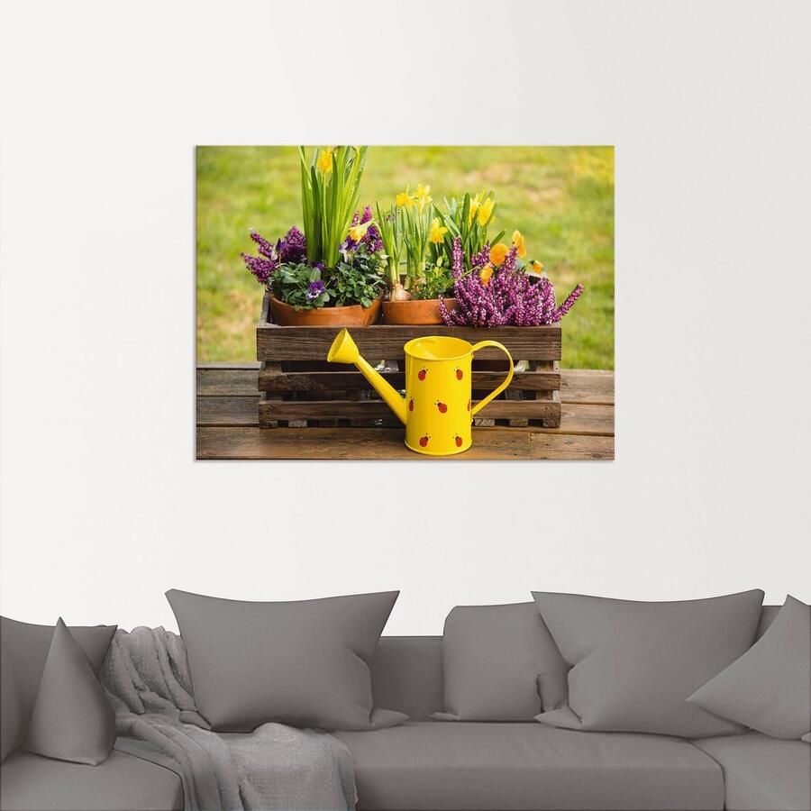 Artland Artprint Houten kistje heide narcis gieter als artprint van aluminium artprint voor buiten artprint op linnen in verschillende maten