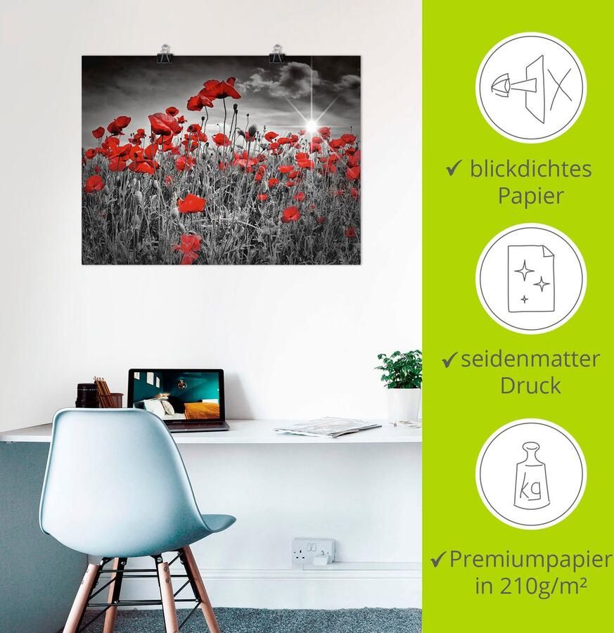 Artland Artprint Idyllisch klaprozenveld als artprint op linnen poster in verschillende formaten maten - Foto 2