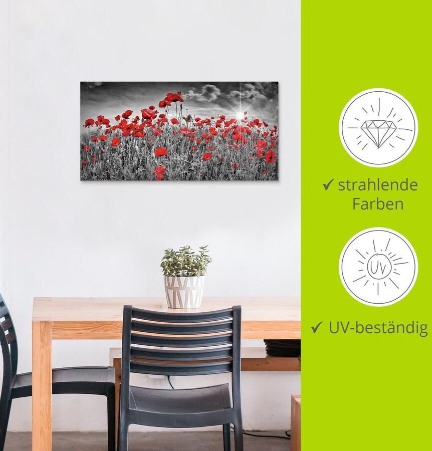 Artland Artprint Idyllisch klaprozenveld met zon als artprint van aluminium artprint voor buiten artprint op linnen poster muursticker - Foto 2