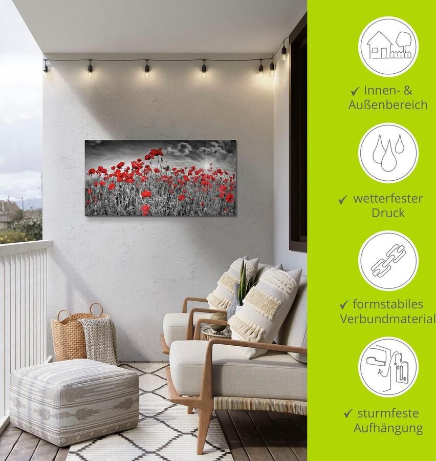 Artland Artprint Idyllisch klaprozenveld met zon als artprint van aluminium artprint voor buiten artprint op linnen poster muursticker - Foto 3