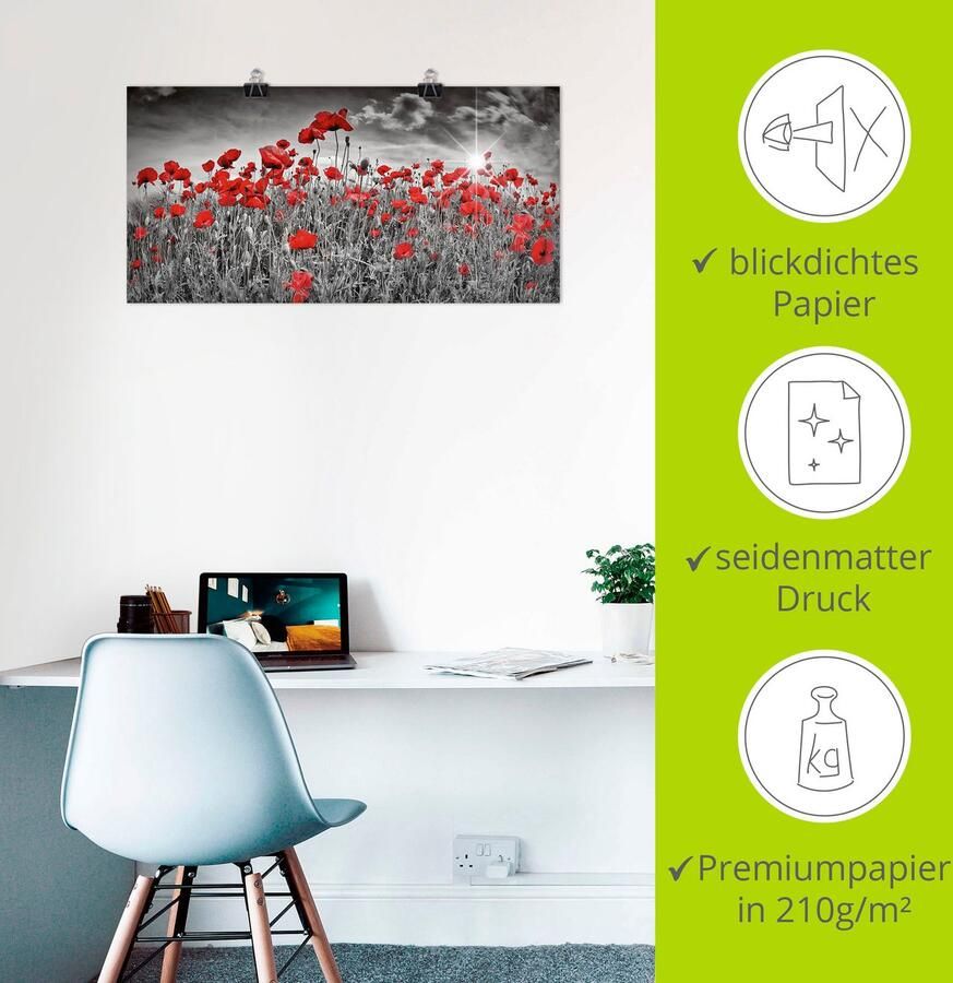 Artland Artprint Idyllisch klaprozenveld met zon als artprint van aluminium artprint voor buiten artprint op linnen poster muursticker - Foto 2