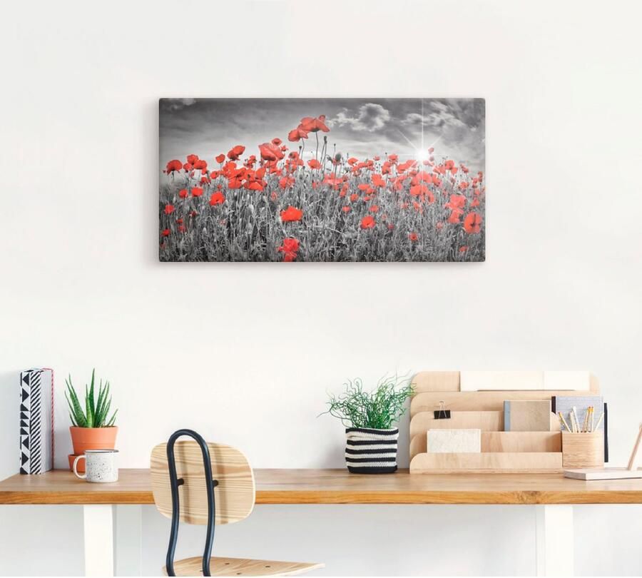 Artland Artprint Idyllisch klaprozenveld met zon als artprint van aluminium artprint voor buiten artprint op linnen poster muursticker - Foto 3