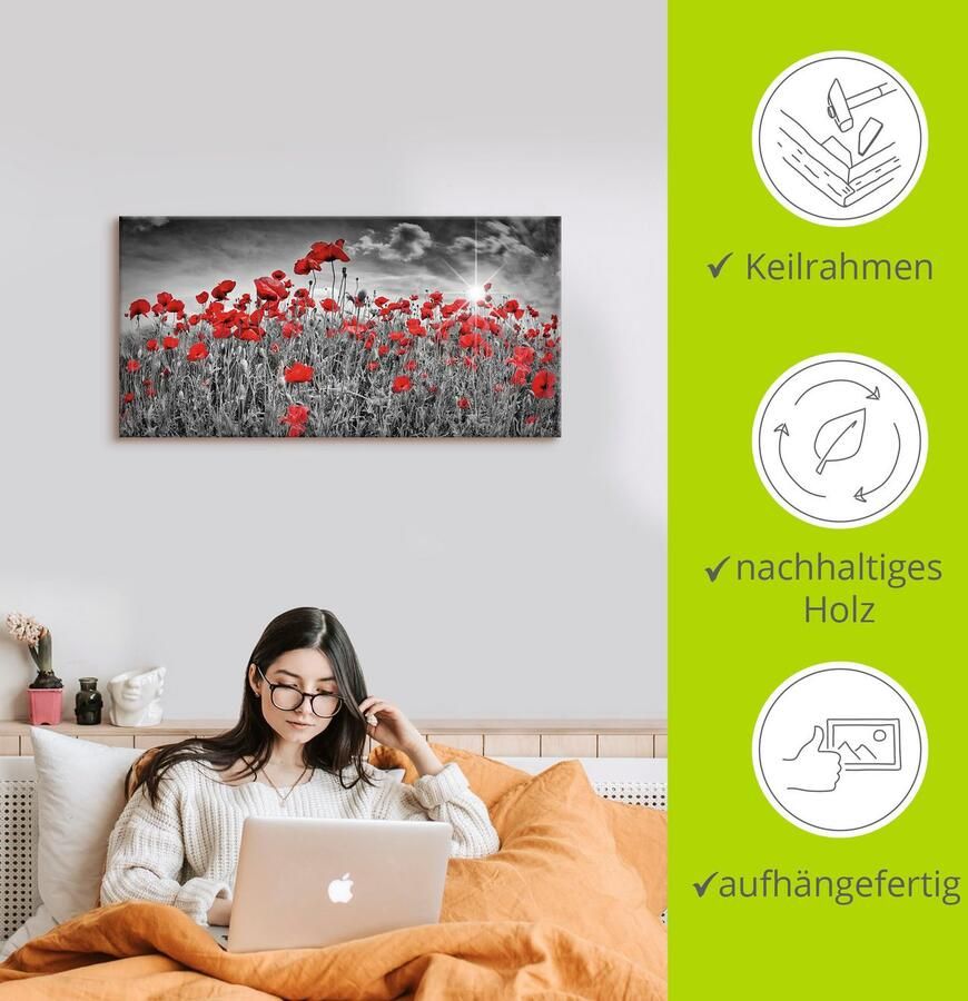 Artland Artprint Idyllisch klaprozenveld met zon als artprint van aluminium artprint voor buiten artprint op linnen poster muursticker