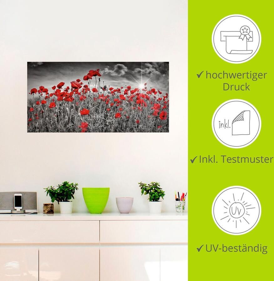 Artland Artprint Idyllisch klaprozenveld met zon als artprint van aluminium artprint voor buiten artprint op linnen poster muursticker - Foto 2