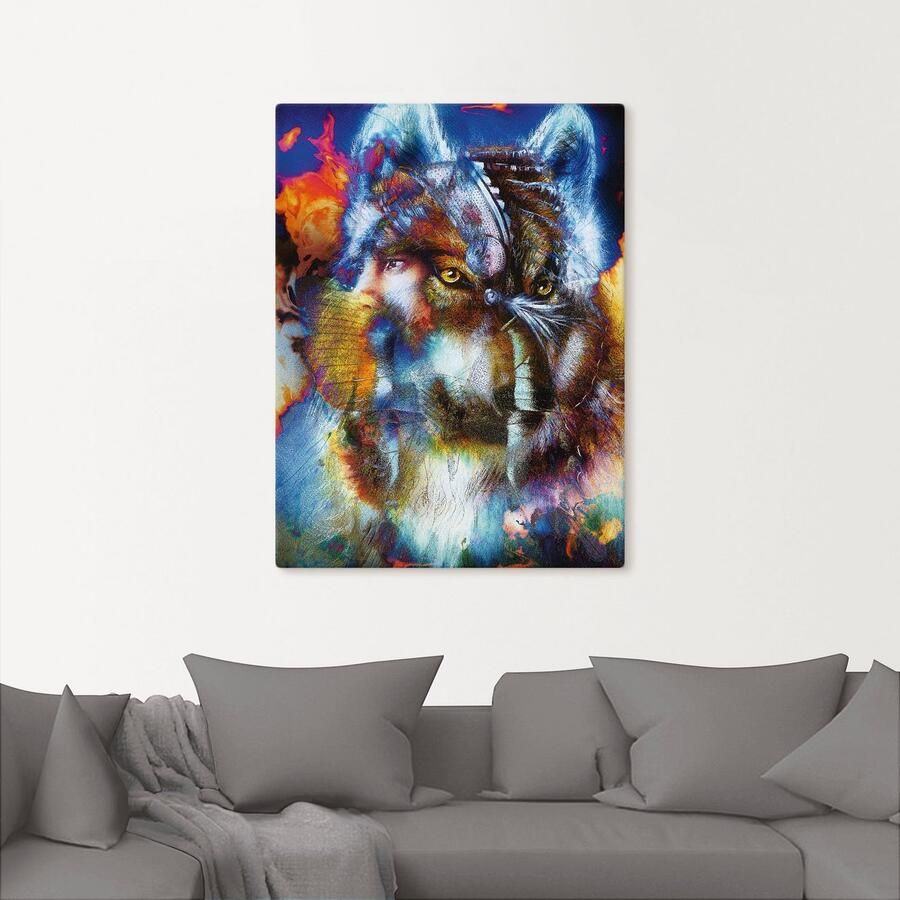 Artland Artprint Indiase Krijger met wolf als artprint op linnen poster muursticker in verschillende maten