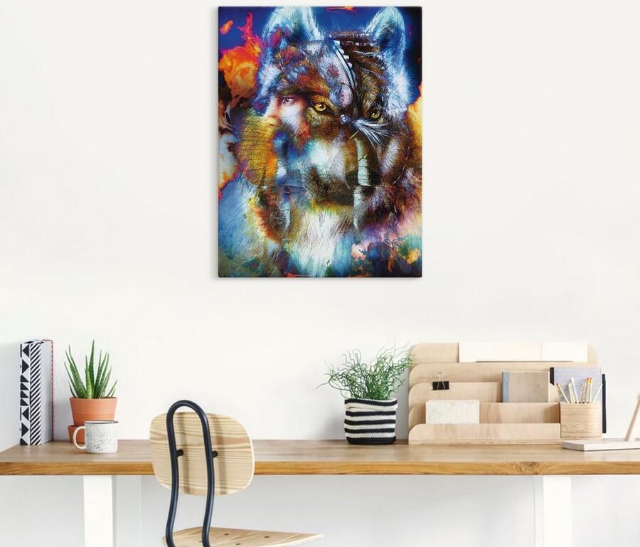 Artland Artprint Indiase Krijger met wolf als artprint op linnen poster muursticker in verschillende maten - Foto 4