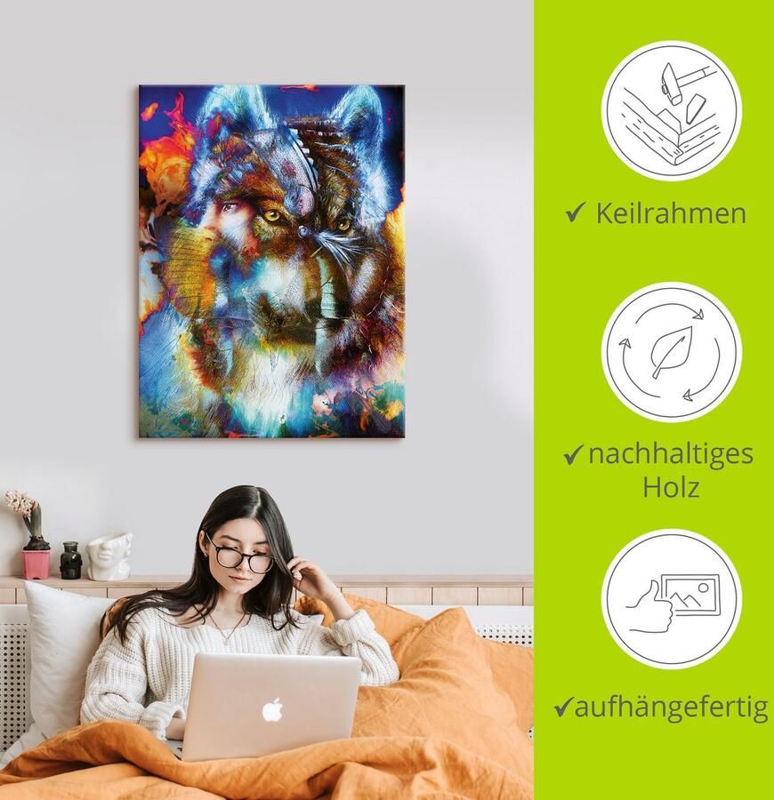 Artland Artprint Indiase Krijger met wolf als artprint op linnen poster muursticker in verschillende maten - Foto 2