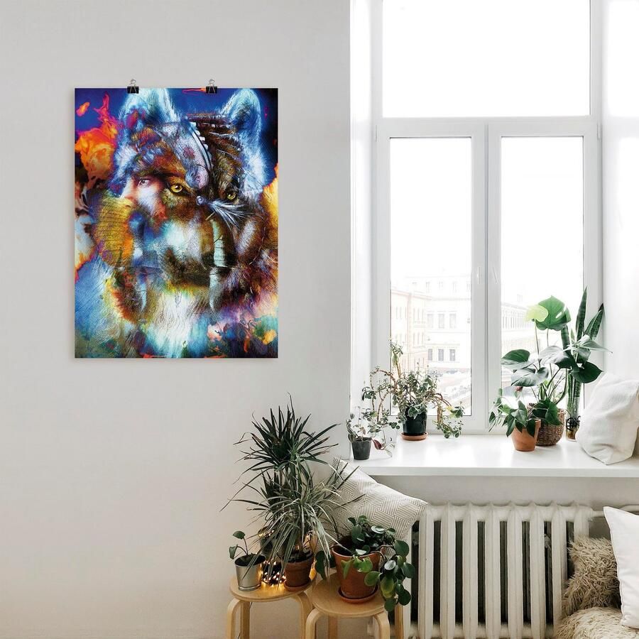 Artland Artprint Indiase Krijger met wolf als artprint op linnen poster muursticker in verschillende maten