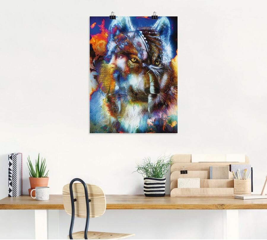 Artland Artprint Indiase Krijger met wolf als artprint op linnen poster muursticker in verschillende maten - Foto 4