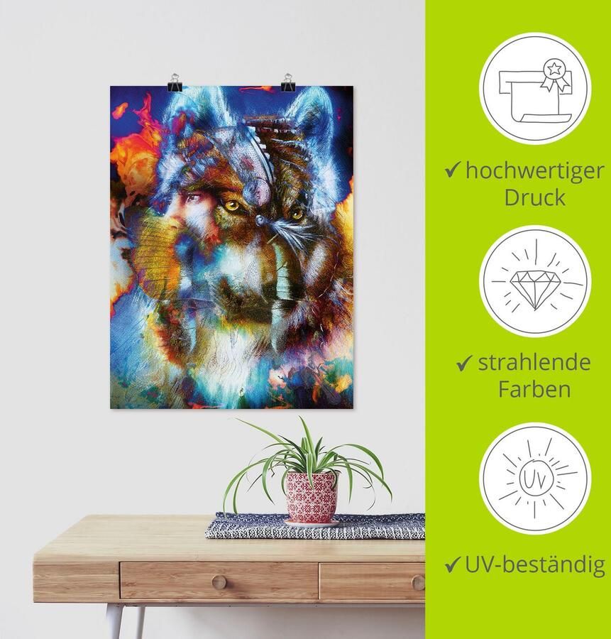 Artland Artprint Indiase Krijger met wolf als artprint op linnen poster muursticker in verschillende maten - Foto 3