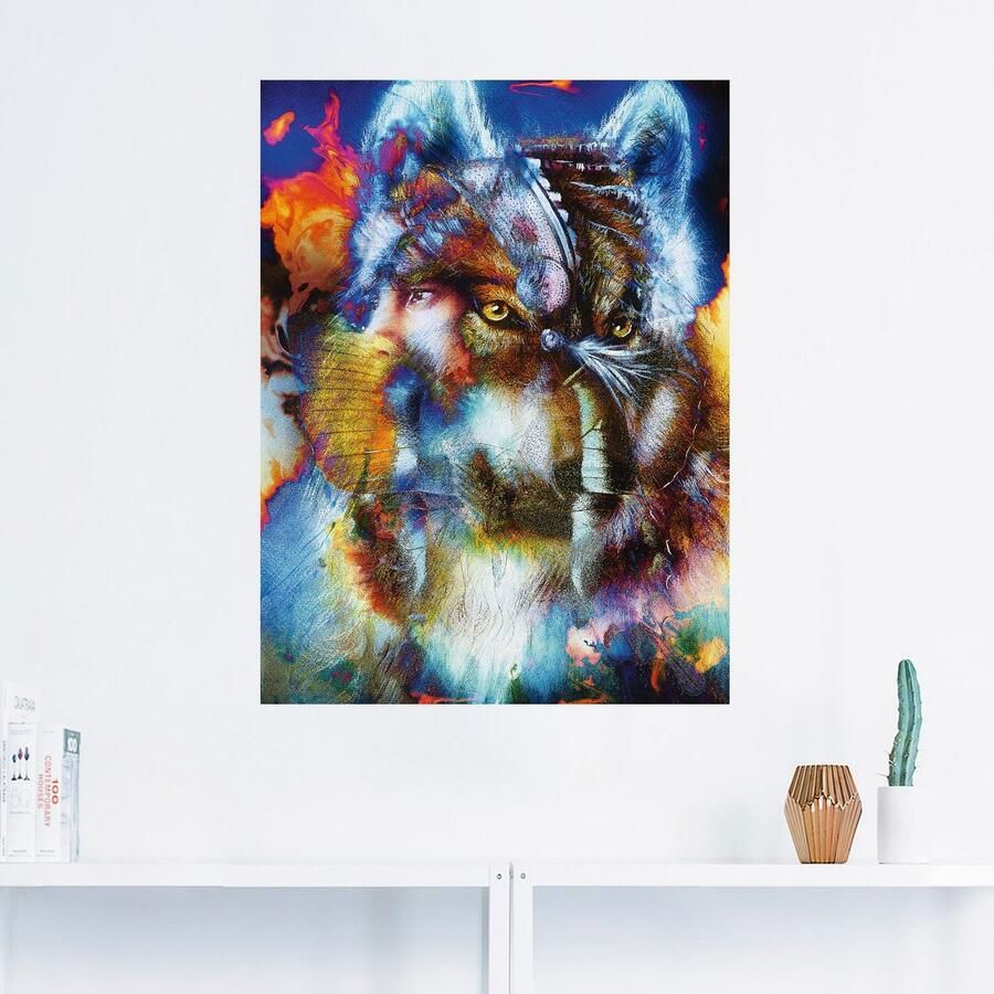 Artland Artprint Indiase Krijger met wolf als artprint op linnen poster muursticker in verschillende maten