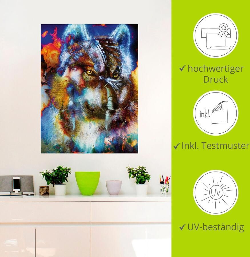 Artland Artprint Indiase Krijger met wolf als artprint op linnen poster muursticker in verschillende maten - Foto 3