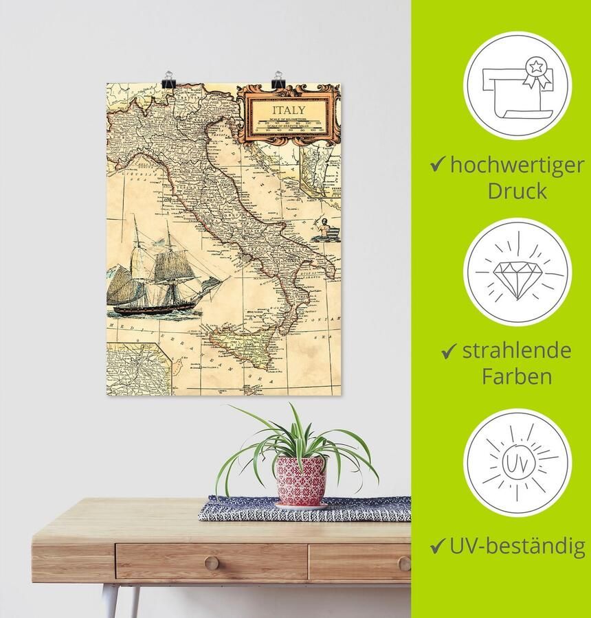 Artland Artprint Italië kaart als artprint op linnen poster in verschillende formaten maten - Foto 4