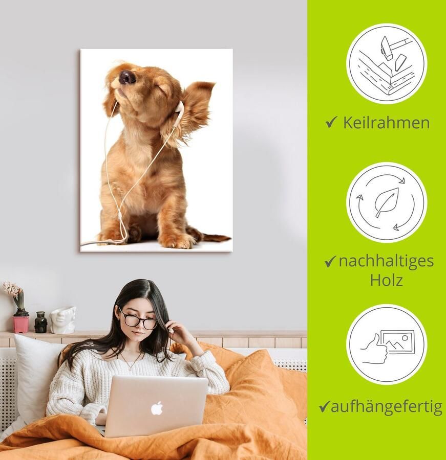 Artland Artprint Jonge hond die naar muziek door hoofdtelefoon luistert als artprint op linnen poster muursticker in verschillende maten - Foto 2
