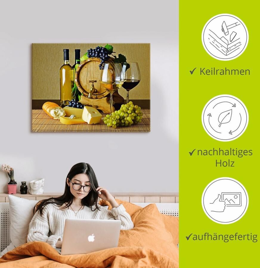 Artland Artprint Kaas wijn en druiven als artprint van aluminium artprint op linnen muursticker of poster in verschillende maten