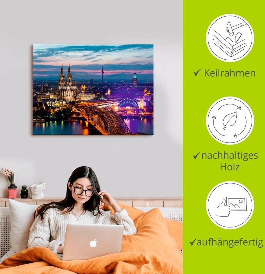 Artland Artprint op linnen Keulen panorama in de avond