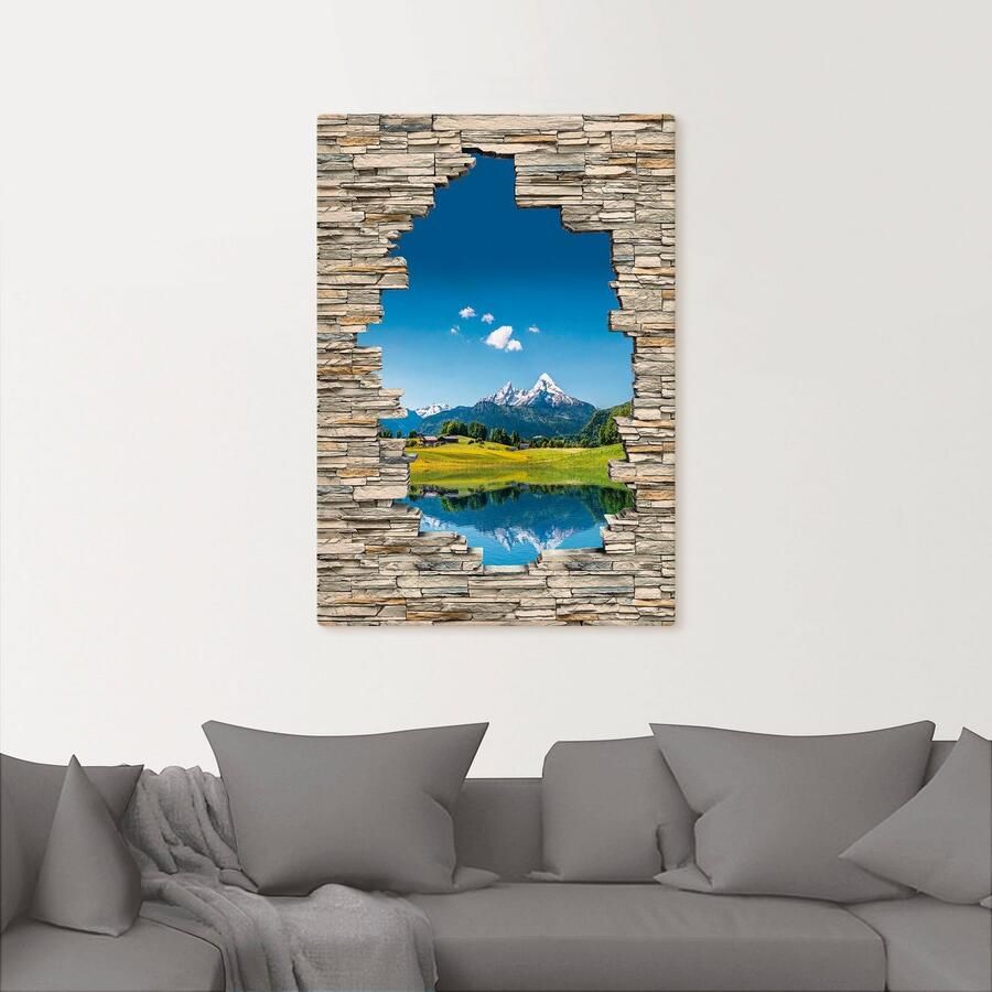 Artland Artprint Landschap in de Alpen uitzicht stenen muur als artprint op linnen in verschillende maten