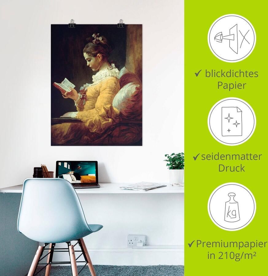 Artland Artprint Lezend meisje. Omstreeks 1776 als artprint op linnen poster in verschillende formaten maten - Foto 2