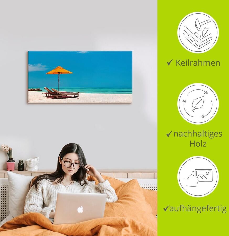 Artland Artprint Ligstoel parasol strand Malediven als artprint van aluminium artprint voor buiten artprint op linnen poster muursticker - Foto 2