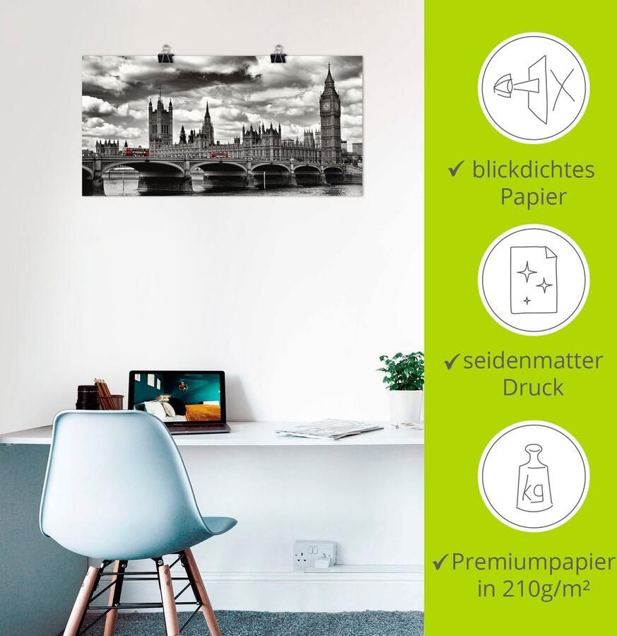 Artland Artprint Londen Westminster Bridge & Red Buses als artprint op linnen poster muursticker in verschillende maten - Foto 2