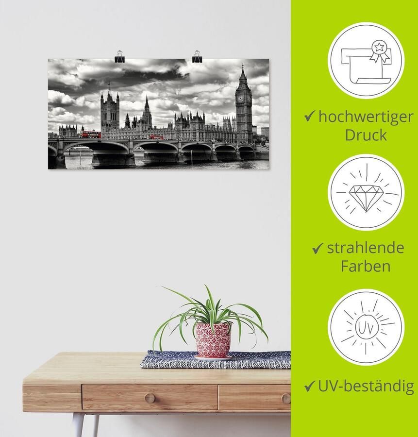 Artland Artprint Londen Westminster Bridge & Red Buses als artprint op linnen poster muursticker in verschillende maten - Foto 3