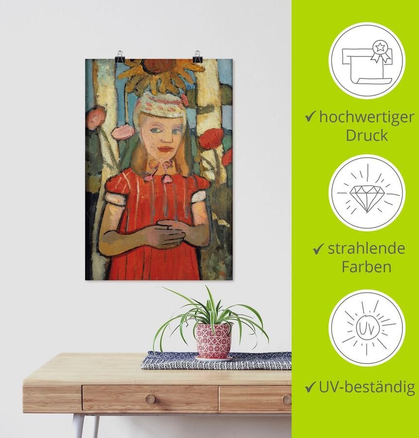 Artland Artprint Meisje in rode jurk voor zonnebloem. als artprint van aluminium artprint op linnen muursticker of poster in verschillende maten - Foto 4