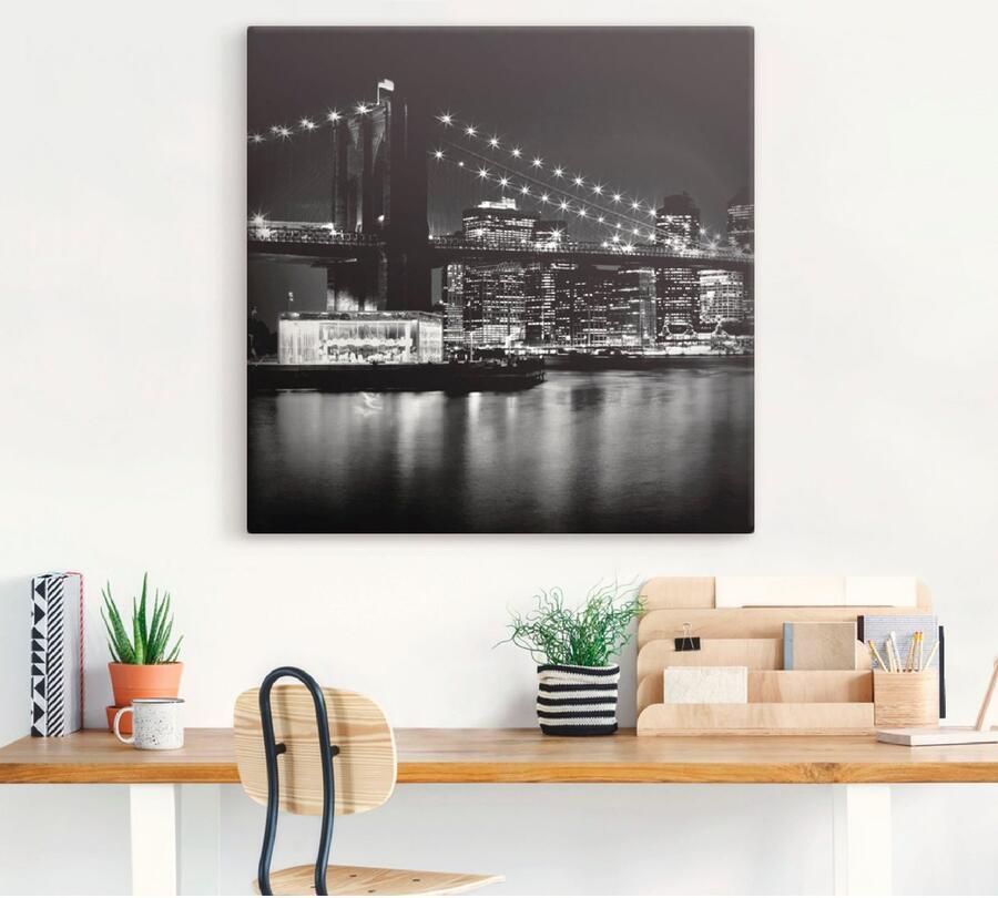 Artland Artprint New York Brooklyn Bridge 's nachts als artprint op linnen poster in verschillende formaten maten - Foto 3