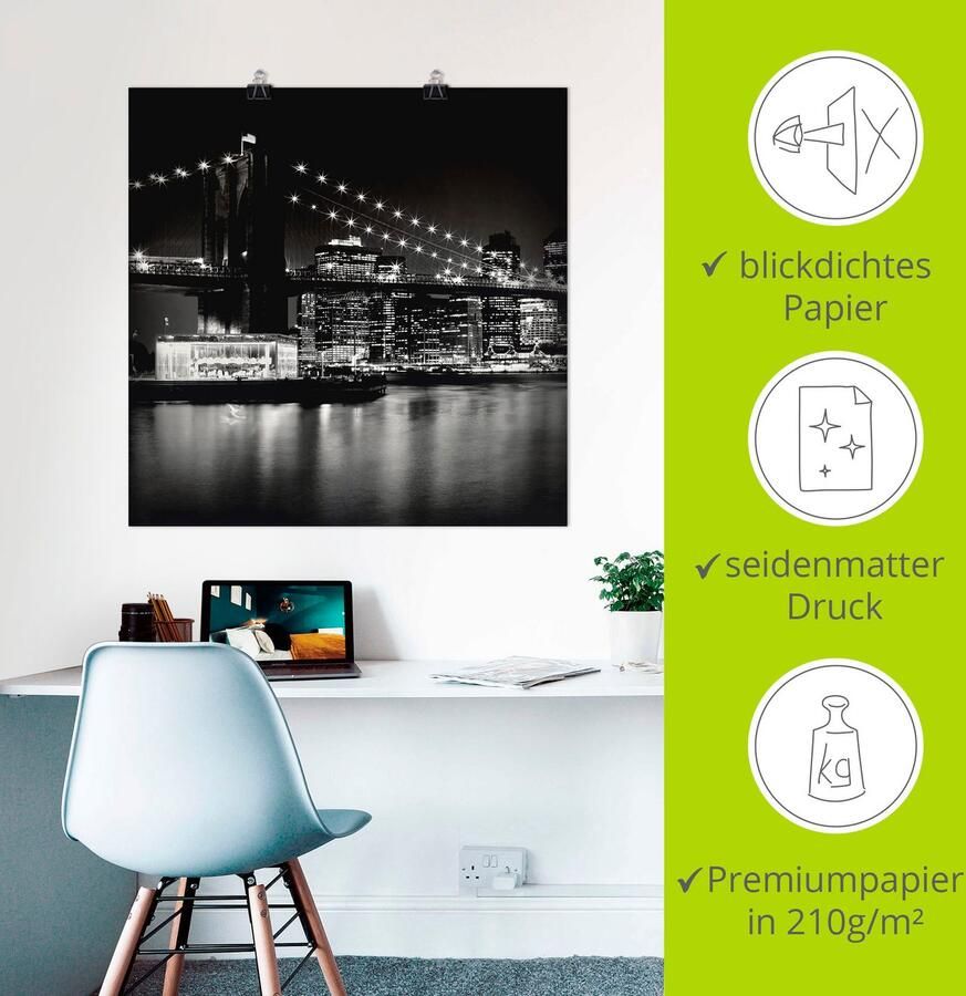 Artland Artprint New York Brooklyn Bridge 's nachts als artprint op linnen poster in verschillende formaten maten - Foto 2