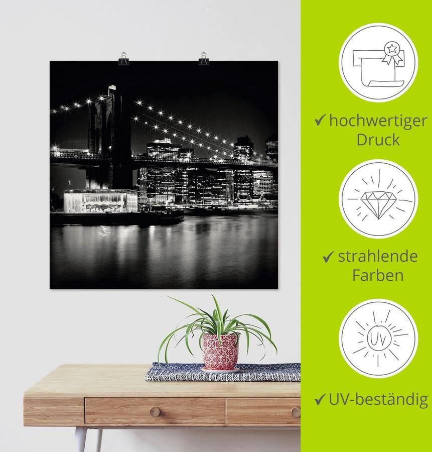 Artland Artprint New York Brooklyn Bridge 's nachts als artprint op linnen poster in verschillende formaten maten - Foto 3