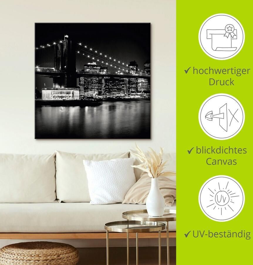 Artland Artprint New York Brooklyn Bridge 's nachts als artprint op linnen poster in verschillende formaten maten - Foto 2