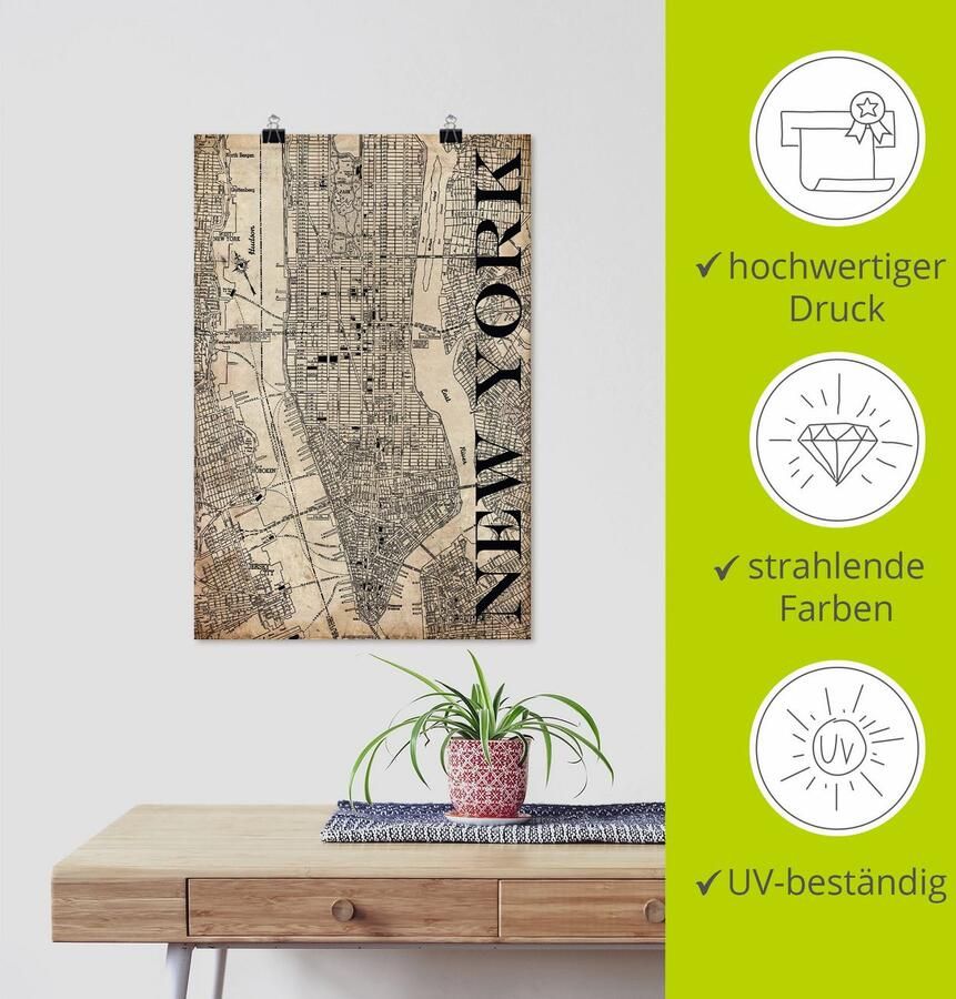 Artland Artprint New York kaart straten kaart Grunge als artprint op linnen poster in verschillende formaten maten - Foto 4
