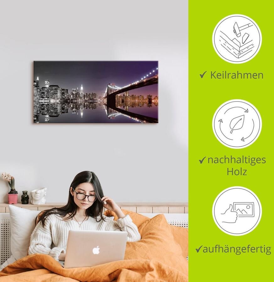 Artland Artprint New York skyline nachtelijke reflectie als artprint op linnen poster muursticker in verschillende maten - Foto 2