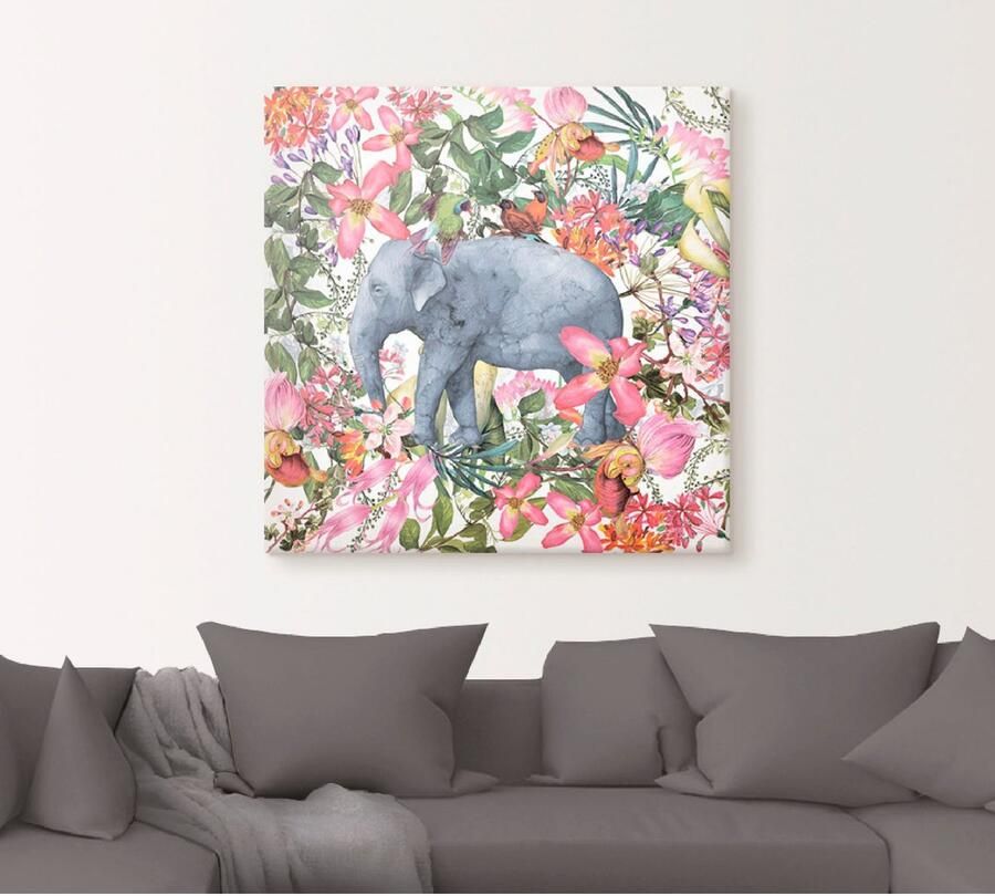 Artland Artprint Olifant in bloemen jungle als artprint op linnen poster in verschillende formaten maten - Foto 4