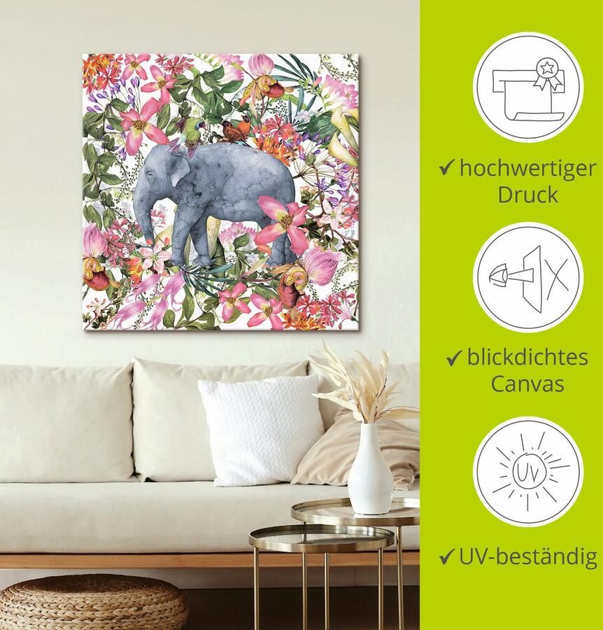 Artland Artprint Olifant in bloemen jungle als artprint op linnen poster in verschillende formaten maten - Foto 2
