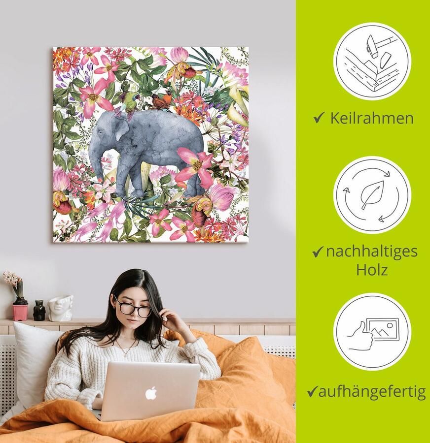 Artland Artprint Olifant in bloemen jungle als artprint op linnen poster in verschillende formaten maten