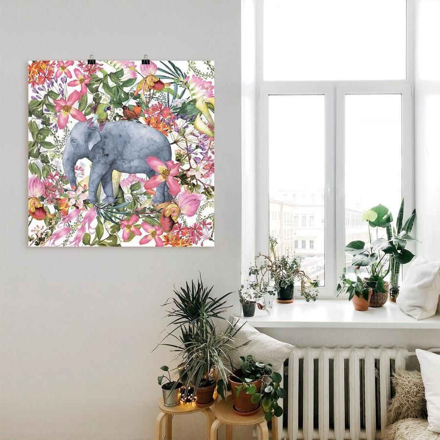 Artland Artprint Olifant in bloemen jungle als artprint op linnen poster in verschillende formaten maten